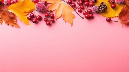 Frame of colorful red and yellow autumn leaves with cones and rowan berries on trendy pink background. First day of school, back to school, fall concept