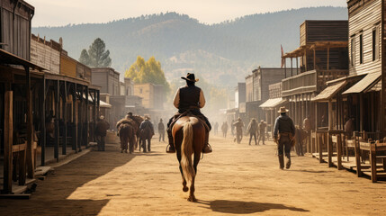 Naklejka premium Cowboys ride horses and go to western town