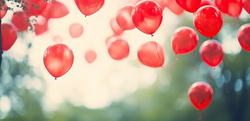 red baloons, bokeh in backround, shallow depth of field.