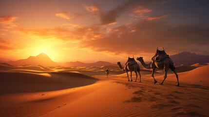 Fototapeta na wymiar Desert landscape sunset and side way camels walking on the desert