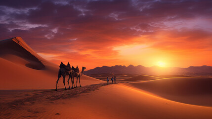 Desert landscape sunset and side way camels walking on the desert