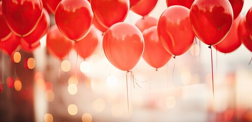 red baloons, bokeh in backround, shallow depth of field.