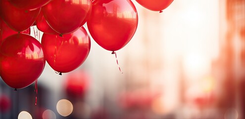 Fototapeta na wymiar red baloons, bokeh in backround, shallow depth of field.