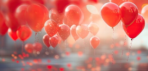 red baloons, bokeh in backround, shallow depth of field.