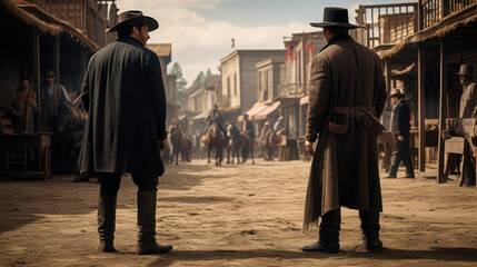 Two Cowboy standoff in Old Western Town - obrazy, fototapety, plakaty