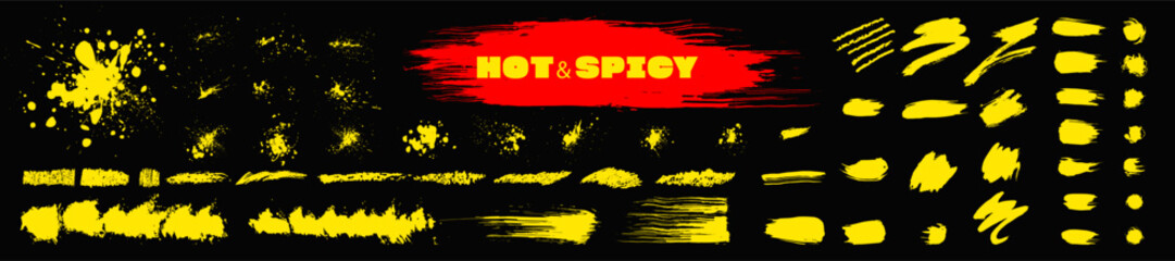 Vector spicy food label expressive brushstrokes. Big set of grunge Asian food ink elements. Brush marks, splatter sprinkles, pastel pencil textures. spilled ketchup spatter, grainy spices textures