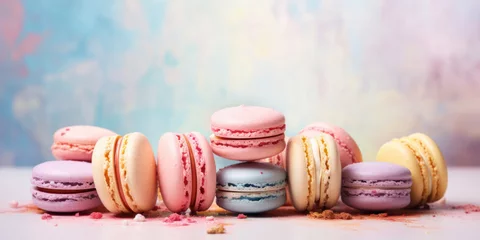  Macarons on a pastel background on watercolor style background © tashechka
