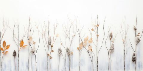 Fototapeta premium Natural style winter banner with forest elements a distressed white wooden background, copy space