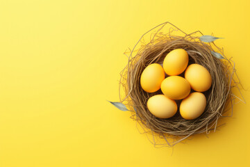 Beautiful yellow Easter background with eggs or Easter eggs in a nest on the right side with space for inscriptions, text or logo.generative ai
