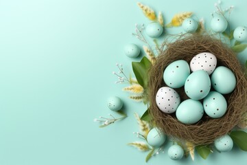 Beautiful turquoise or sky blue Easter background with eggs or Easter eggs in a nest on the right side with space for inscriptions, text or logo.generative ai
