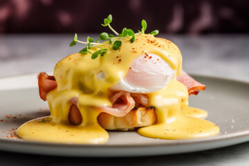 Poached egg on a sandwich with hollandaise sauce on a white plate, closeup view.generative ai
