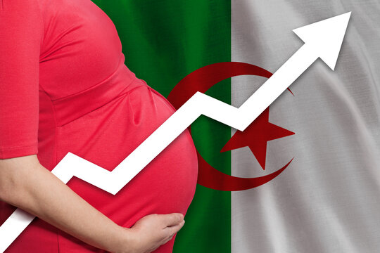 Photo of pregnant woman on flag of Algiers background. Birth rate up