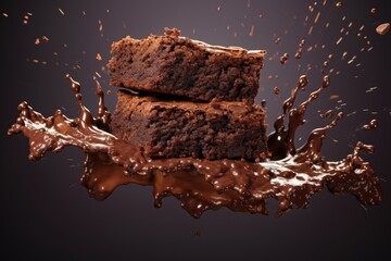 delicious chocolate brownie floating in the air - obrazy, fototapety, plakaty