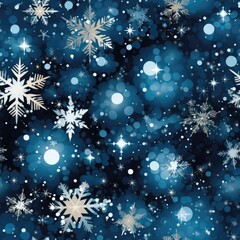 Fototapeta na wymiar A mesmerizing seamless pattern featuring large snowflakes suspended above a backdrop of softly blurred lights, creating a captivating visual effect. Illustration, Generative AI