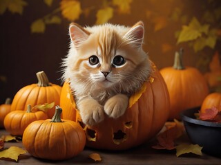Cute cat in a pumpkin for Halloween, Generative AI