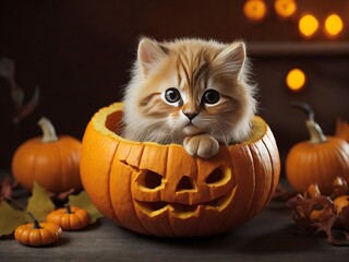 Cute cat in a pumpkin for Halloween, Generative AI