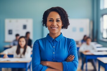 smiling african american female teacher standing in classroom