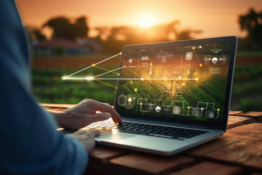 Application of new technologies in agribusiness. The farmer uses a laptop on the background of the field.generative ai
