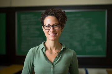 smiling teacher standing against green chalkboard in classroom