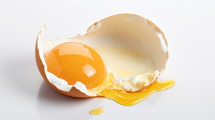 Cracked egg eggshell with yolk isolated on white background
