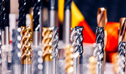 Closeup drill bit set for CNC machine cutting sheet metal, Industrial banner