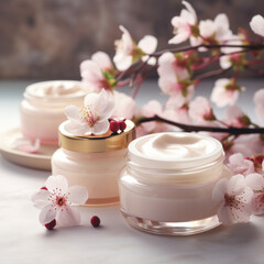 Fototapeta na wymiar Moisturizing cream and almond blooms front view close up