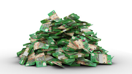 Big pile of 100 Australian dollar notes. A lot of money isolated on transparent background. 3d rendering of bundles of cash - obrazy, fototapety, plakaty