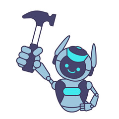 Robot carpenter character. Robot holding hammer