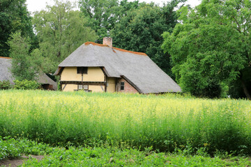 Fototapeta na wymiar Yellow clay ancient farmhouse, Bokrijk, Genk, Belgium