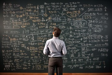 businessman looking at formulas on a blackboard - obrazy, fototapety, plakaty