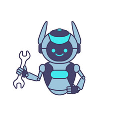 Robot holding wrench vector illustration. Robot character pose