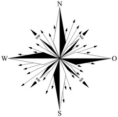 Kompass Rose Vektor mit acht Richtungen und deutscher Osten Bezeichnung.
Abstrakte Pfeil Anordnung.
Symbol f√ºr Marine-, Seefahrt - oder Trekking-Navigation oder zur Verwendung in eine Landkarte.