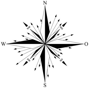 Kompass Rose Vektor mit acht Richtungen und deutscher Osten Bezeichnung.
Abstrakte Pfeil Anordnung.
Symbol f&radic;&ordm;r Marine-, Seefahrt - oder Trekking-Navigation oder zur Verwendung in eine Landkarte.