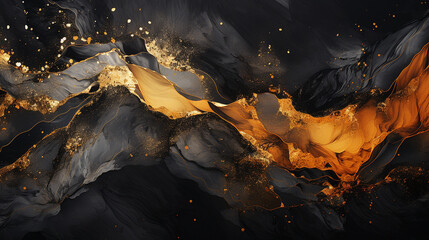 Abstract black and gold marble texture background. Fluid art painting.