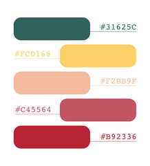 Fototapeta premium Green, pink and yellow color palette, vibrant colors catalog, color matching, RGB, CMYK colors, harmonious colors palette sample, design and edit idea, with hex code