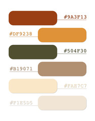 Red and earthy tones color palette, boho colors catalog, color matching, RGB, CMYK colors, harmonious colors palette sample, design and edit idea, with hex code