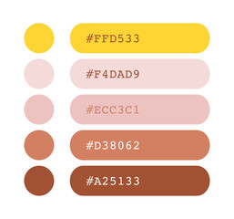 Yellow and earthy tones color palette, light pastel colors catalog, color matching, RGB, CMYK colors, harmonious colors palette sample, design and edit idea, with hex code