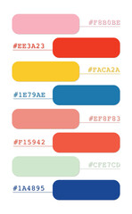 Fototapeta premium Festive color palette, light pastel colors catalog, color matching, RGB, CMYK colors, harmonious colors palette sample, design and edit idea, with hex code