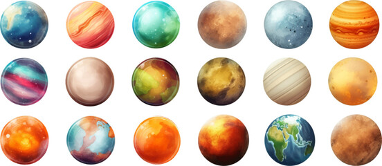 planets set in the style of photo-realistic compositions, rtx on, realistic watercolor paintings, lightbox, saturno butto, transcendent