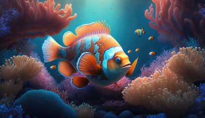 Animals cartoon of the underwater sea world. Ecosystem. Colorful tropical orange fish. Life in the coral reef. (ai generated)