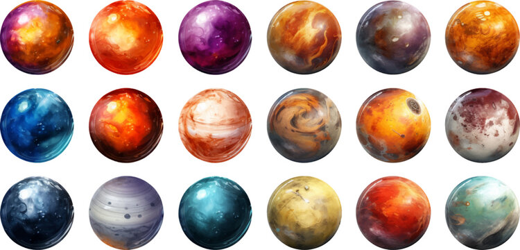 planets set in the style of photo-realistic compositions, rtx on, realistic watercolor paintings, lightbox, saturno butto, transcendent