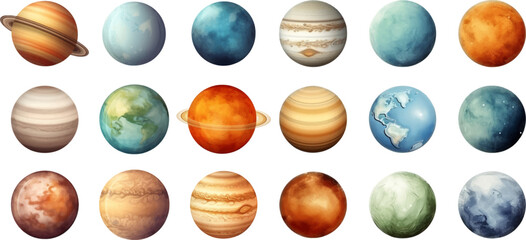 planets set in the style of photo-realistic compositions, rtx on, realistic watercolor paintings, lightbox, saturno butto, transcendent © EnelEva