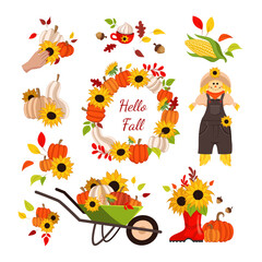 Festive autumn decoration items vector illustrations set. Colorful wreath from flowers and pumpkins, cute scarecrow, cornstalks, wheelbarrow with vegetables. Autumn, harvest concept