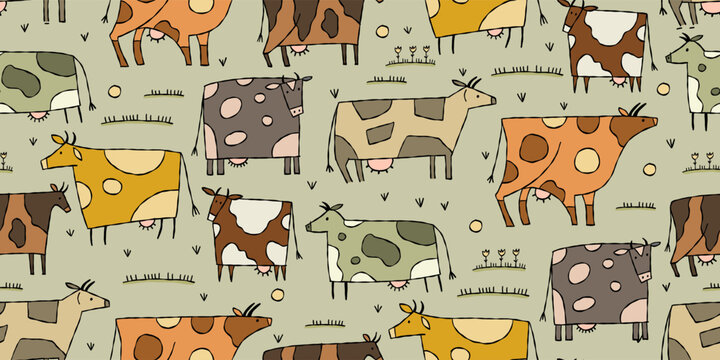 Stylish Ethnic Cows family on meadow. Seamless pattern background. Vector Illustration