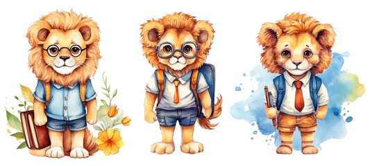 Naklejka premium Back to School Lion Watercolor. Generative AI