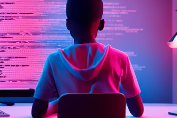 African American boy seen from behind working on computer generating code on screen, in dark room with pink and blue light. Concept of danger, computer minors, new generations, technology, addiction, 