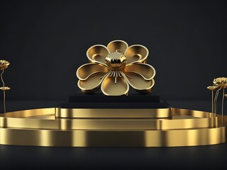 3D gold podium or golden stage and gold flower. mock-up stand product scene black background, Ai Generation