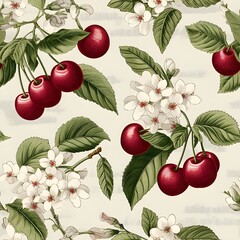 Cherry plant old style seamless pattern.