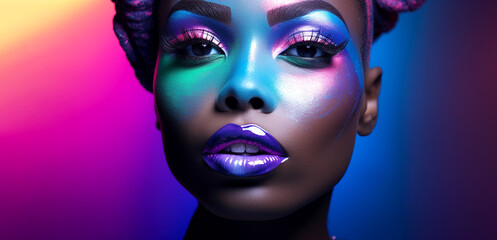 Fototapeta na wymiar African American model with unique colorful makeup inspired by the cosmic palette, focusing on the eyes. Background of deep blue. Banner