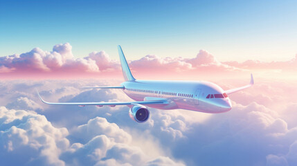 Large plane is flying above the clouds, soft pastel skies